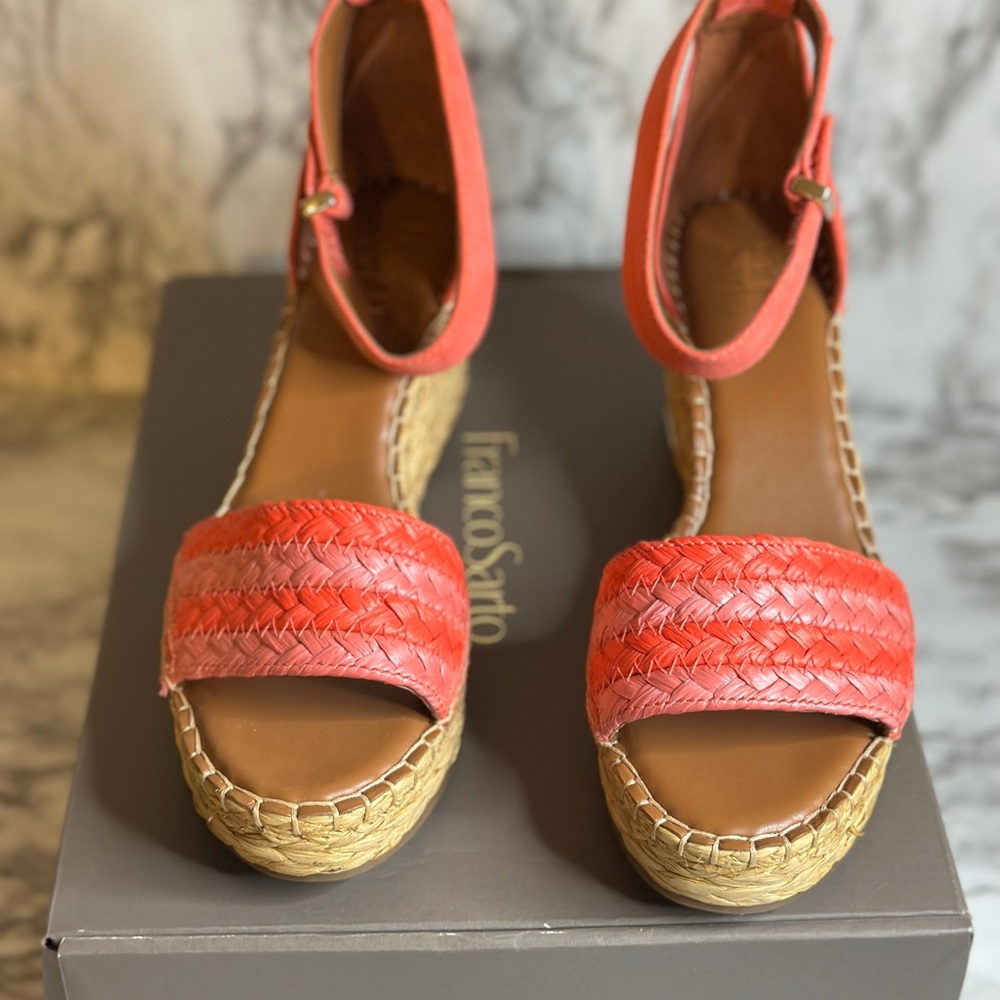Franco Sarto Orange/Pink and Tan Espadrille Wedges with Ankle Strap